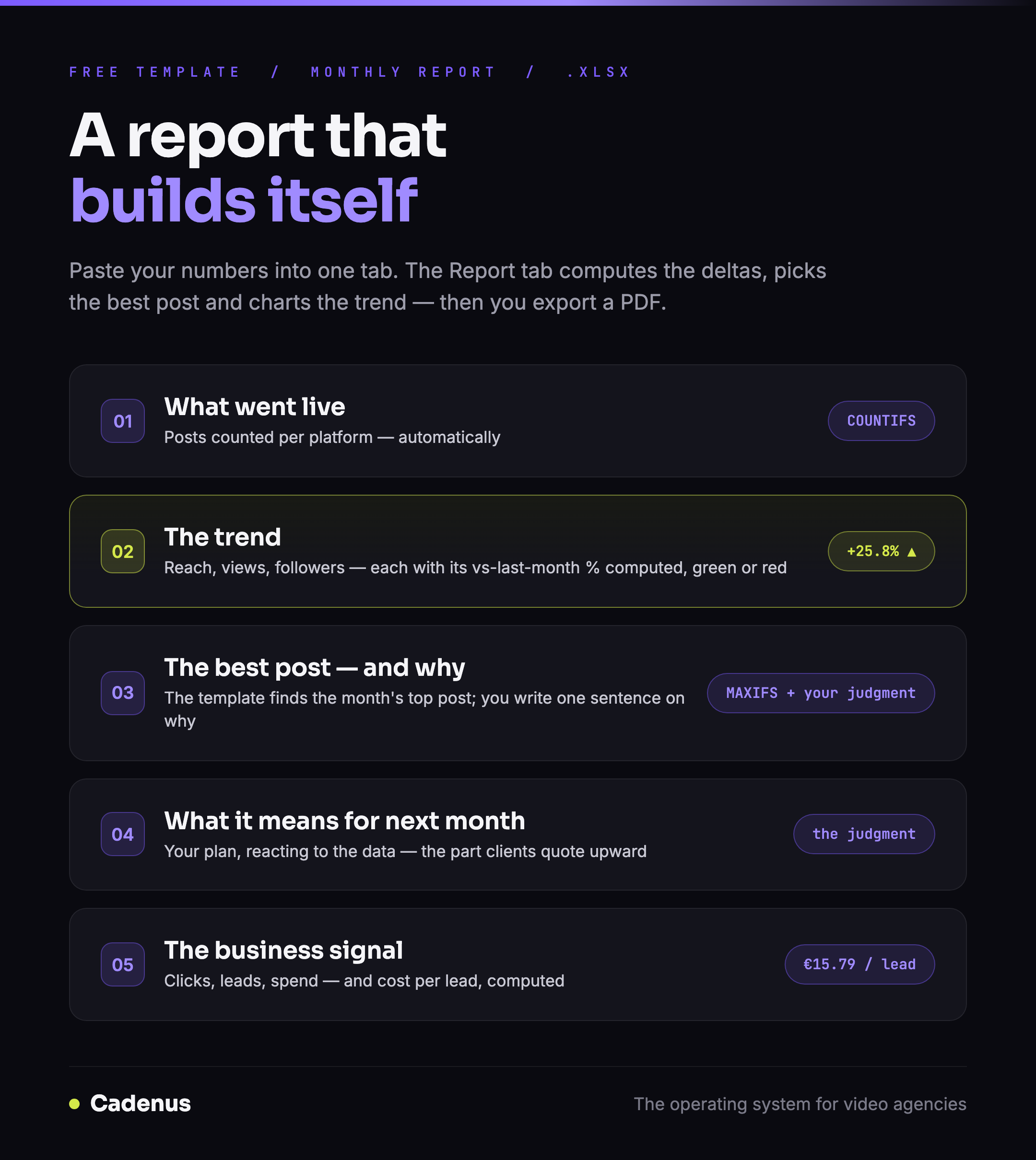 The Cadenus social media report template: a data entry tab that feeds a self-computing, client-ready monthly report