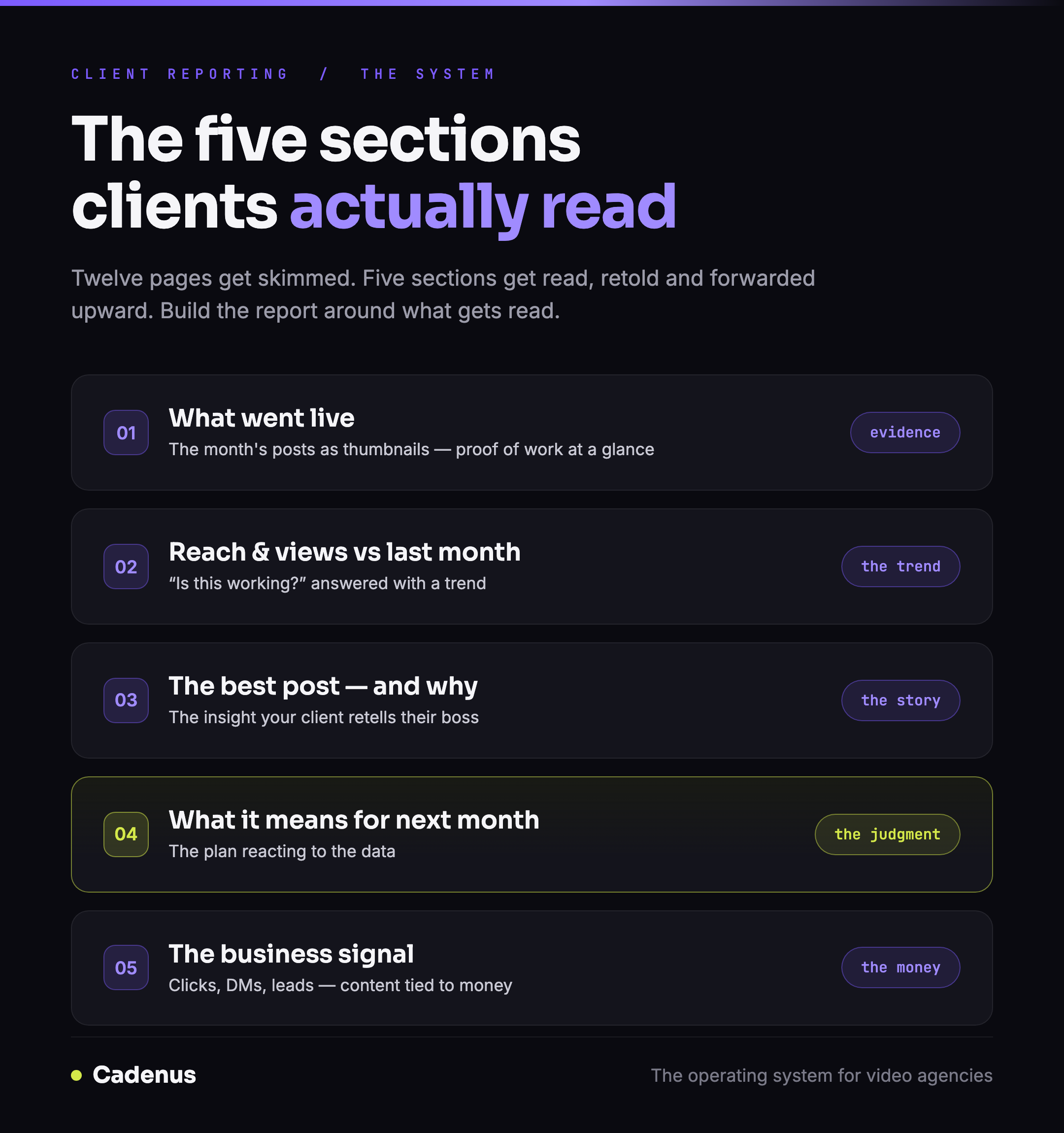 The five sections of a client report that gets read, in order