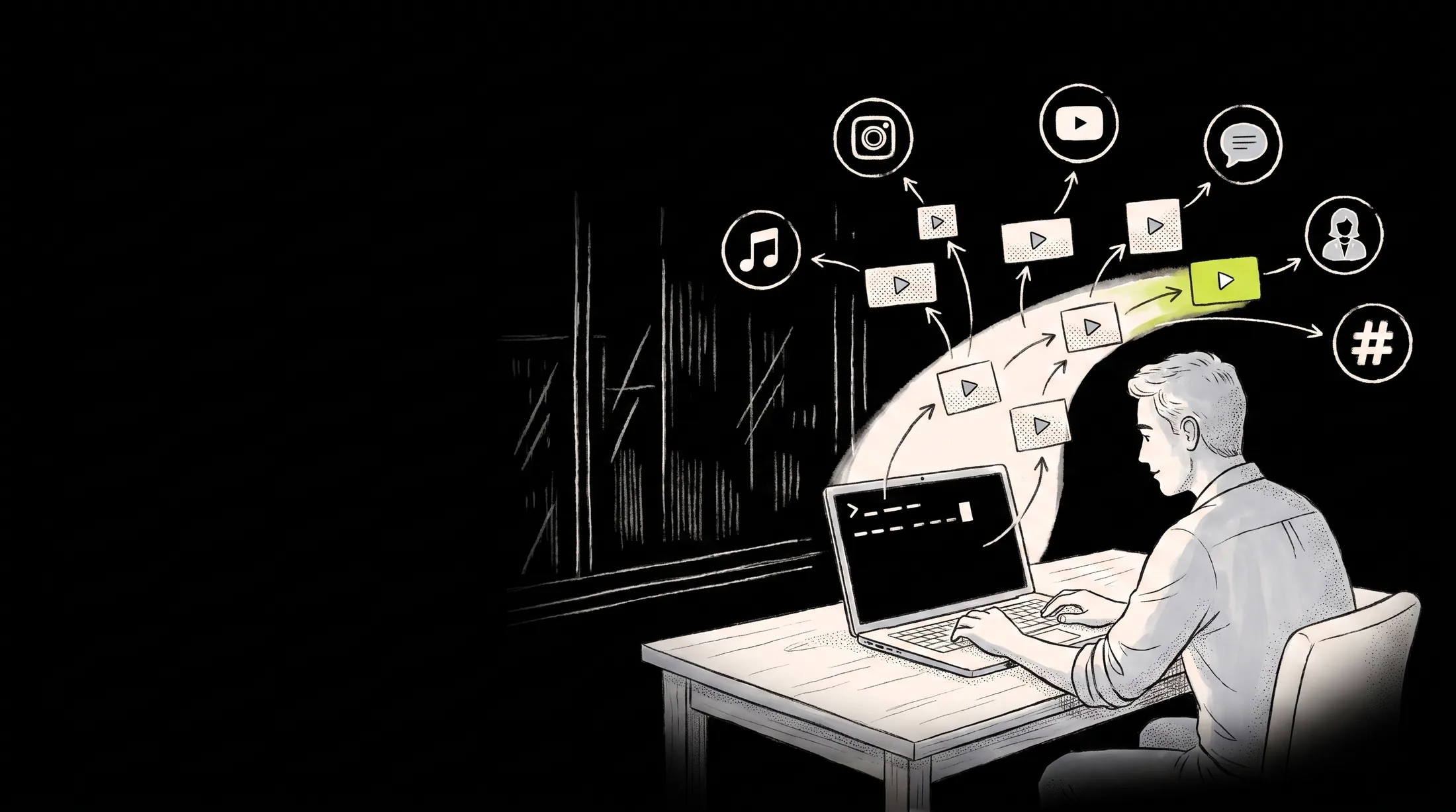 Someone at a laptop while short videos travel from the terminal out to social channels
