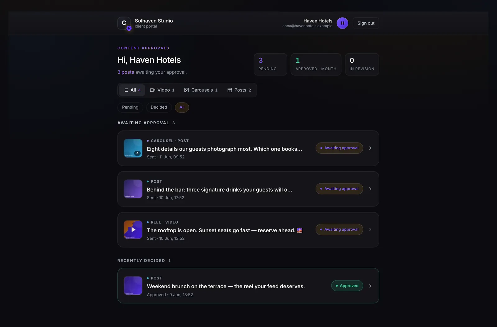 Cadenus product screenshot: Client portal — pending review