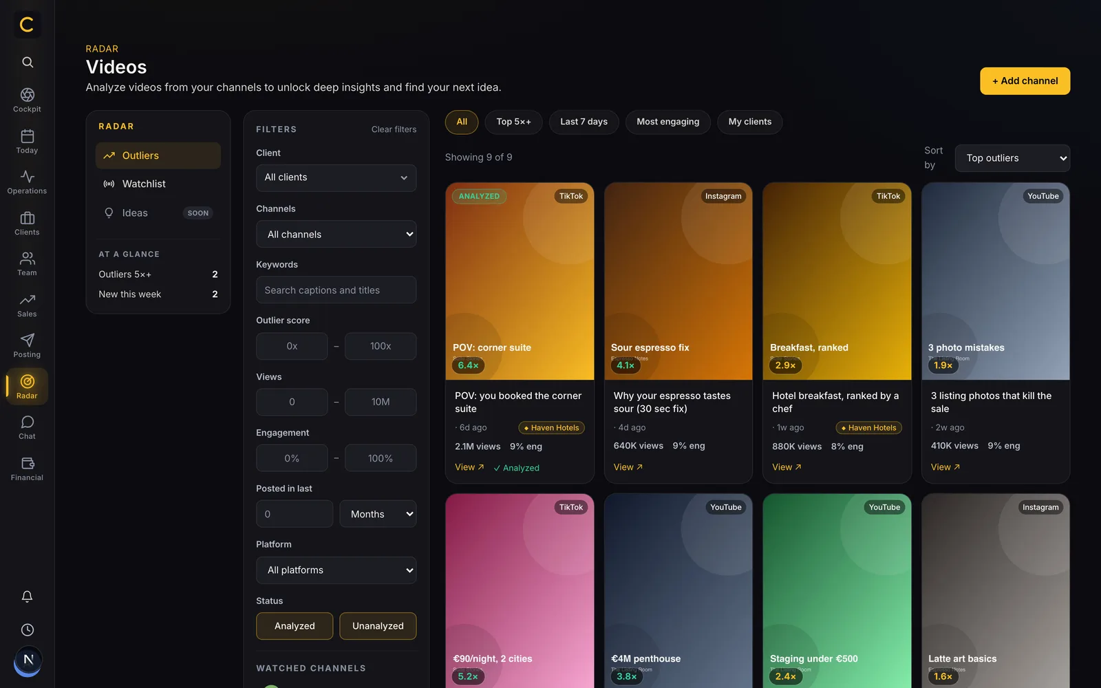 Cadenus product screenshot: Radar — outlier feed